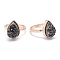 Electroplate Natural Druzy Quartz Crystal Finger Rings, with Eco-Friendly Brass Findings, Lead Free & Cadmium Free, Long-Lasting Plated, Flat Round, Size 7, Real Rose Gold Plated, Black, 17mm