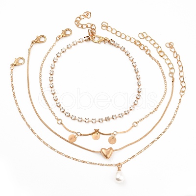 4Pcs 4 Style Alloy Chain Anklets Set with Heart Flat Round and Resin Pearl Charm SJEW-D009-04KCG-1