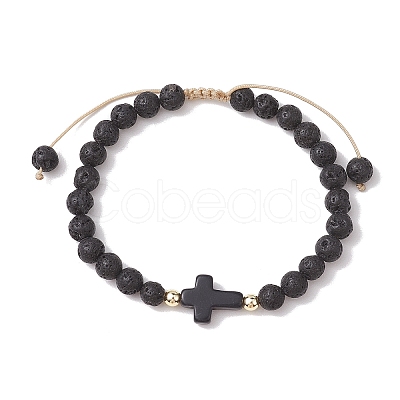 2Pcs 2 Styles 6mm Round Natural Lava Rock & Shell Pearl Braided Bead Bracelets BJEW-JB10322-1