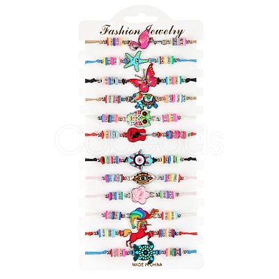 12Pcs 12 Style Flamingo & Butterfly & Starfish & Hamsa Hand with Evil Eye & Flower Alloy Link Braided Bead Bracelets Set BJEW-WH0020-01-1