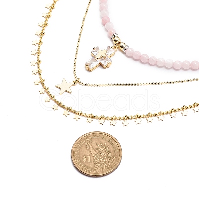 3Pcs 3 Style Natural Rose Quartz Cross & Star Pendant Necklaces Set with Brass Chains NJEW-JN04032-1