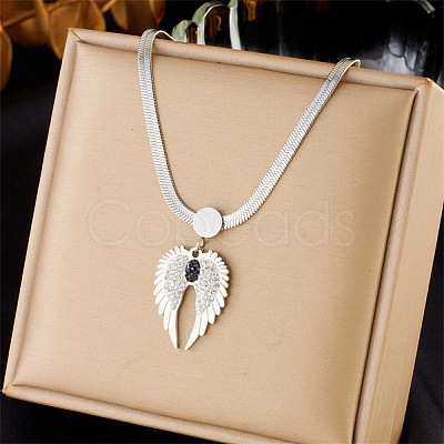 Rhinestone Wings Pendant Necklace with 304 Stainless Steel Herringbone Chains NJEW-C022-02P-1