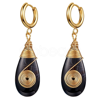 Natural Dyed & Heated Black Agate Teardrop with Spiral Dangle Hoop Earrings EJEW-SW00011-20-1