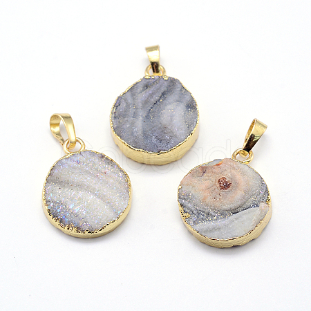 Natural Drusy Agate Flat Round Pendants G-P089-45-1