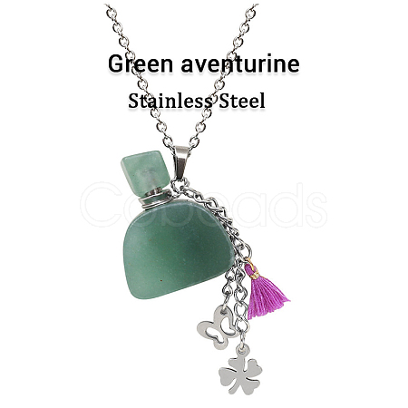 Natural Green Aventurine Perfume Bottle Pendant Necklace with Staninless Steel Butterfly Flower and Tassel Charms BOTT-PW0002-072F-1