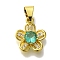 Flower Rack Plating Brass Micro Pave Cubic Zirconia Pendant, with Glass Rhinestone, Lead Free & Cadmium Free, Long-Lasting Plated, Golden, Light Sea Green, 15x12x4mm, Hole: 5x4mm