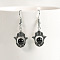 Natural Crystal Stone Hamsa Hand & Round Dangle Earrings, Handmade Sweet Ear Jewelry, Platinum, Black