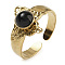 Natural Black Agate Finger Rings, Butterfly 304 Stainless Steel Open Cuff Rings, Real 18K Gold Plated, 13.5mm, Adjustable