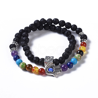 Two Loops Natural Lava Rock & Natural/Synthetic Mixed Stone Beads Warp Stretch Bracelets BJEW-JB04223-01-1