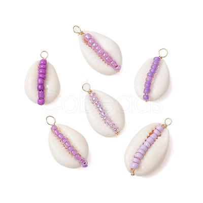 6Pcs 6 Styles Natural Cowrie Shell & Glass Seed Beads Pendants PALLOY-JF02759-03-1