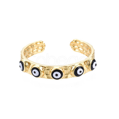 Real 18K Gold Plated Brass Open Cuff Ring with Enamel Evil Eye for Women RJEW-Q166-02A-1