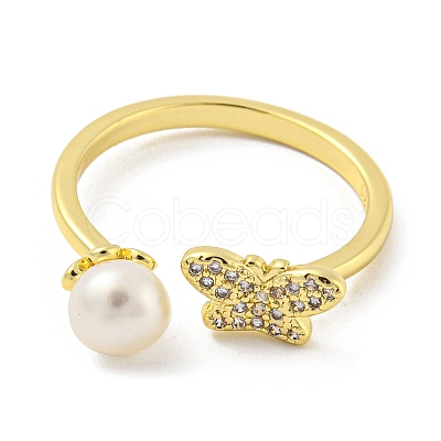 Natural Pearl Butterfly Open Cuff Ring RJEW-H220-28G-1