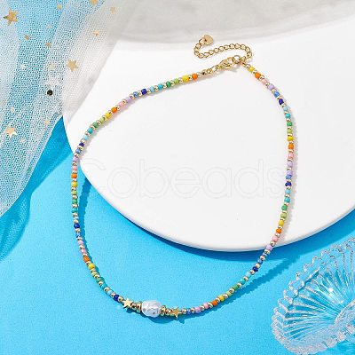 Plastic Imitation Pearl & 201 Stainless Steel Star & Seed Beaded Bracelet NJEW-JN04649-02-1