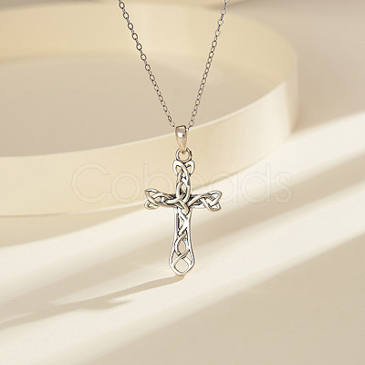 Rhodium Plated 925 Sterling Silver Knot Cross Pendant Necklaces for Women NJEW-F323-03P-1