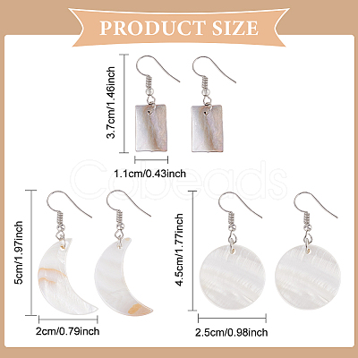 ANATTASOUL 3 Pairs 3 Style Flat Round & Moon & Rectangle Acrylic Imitation Shell Dangle Earrings EJEW-AN0002-94-1