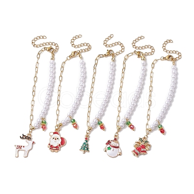 5Pcs 5 Styles Christmas Acrylic Imitated Pearl & Paperclip Chain Bracelets BJEW-JB10383-1