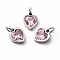 304 Stainless Steel Pendants, with Cubic Zirconia and Jump Rings, Single Stone Charms, Heart, Stainless Steel Color, Pearl Pink, 9x8x3mm, Hole: 3.6mm