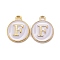 Golden Plated Alloy Charms, Cadmium Free & Lead Free, with Enamel, Enamelled Sequins, Flat Round with Letter, White, Letter.F, 14x12x2mm, Hole: 1.5mm