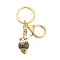 Fortune Cat Porcelain Pendant Keychain, with Iron Keychain Ring and Alloy Lobster Claw Clasps, Yellow Green, 8.7cm