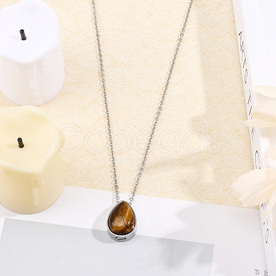 CHGCRAFT Natural Tiger Eye Teardrop Urn Ashes Pendant Necklace NJEW-CA0003-09B-1