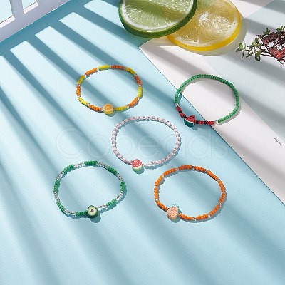 5Pcs 5 Style Lemon & Strawberry & Watermelon Polymer Clay & Glass Seed Beaded Stretch Bracelets Set BJEW-JB09102-1