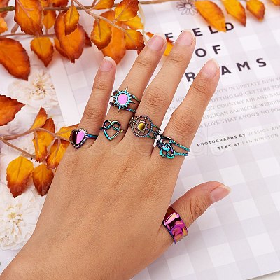 9Pcs 9 Style Rainbow Color 304 Stainless Steel Heart & Star & Word Love Cuff Rings RJEW-SZ0001-20-1