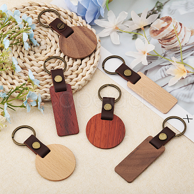 CHGCRAFT 6Pcs 6 Style Wooden Pendant Keychain KEYC-CA0001-52-1