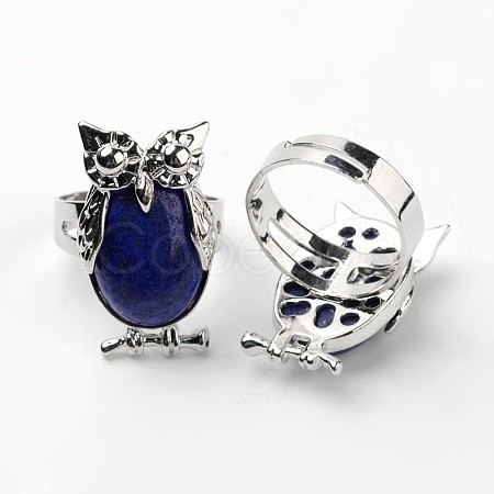 Owl Brass Natural Lapis Lazuli Finger Rings RJEW-L074-06-1