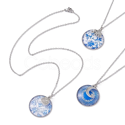 Steel Blue Glass Flat Round & Alloy Pendant Necklace NJEW-JN04453-1