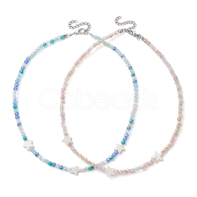 2Pcs 2 Color Glass & Natural Shell Star Beaded Necklaces Set NJEW-JN04646-02-1