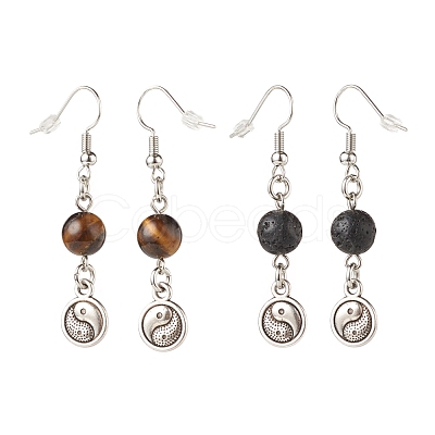 2Pair 2 Style Natural Lava Rock & Tiger Eye with Yin Yang Long Dangle Earrings EJEW-JE04962-01-1