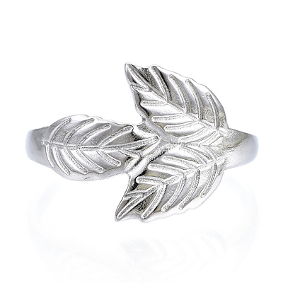 Non-Tarnish 304 Stainless Steel Leaf Open Cuff Ring for Women RJEW-N040-26-1