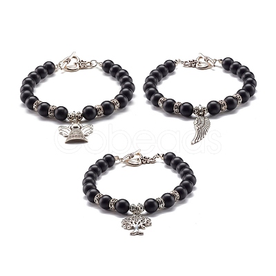 Matte Round Synthetic Black Stone Beaded Bracelet BJEW-JB06963-1