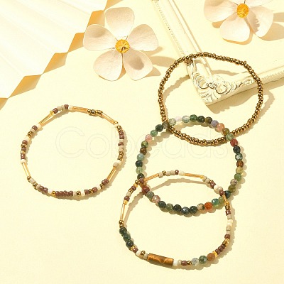 4Pcs 4 Style Natural Indian Agate & Tiger Eye & Seed Beaded Stretch Bracelets Set BJEW-JB09458-1