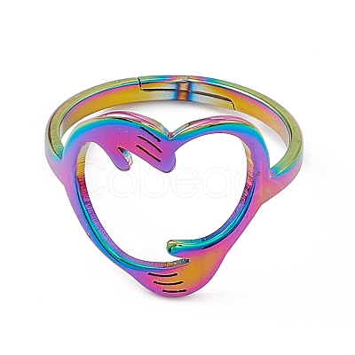 Ion Plating(IP) 201 Stainless Steel Hand Hug Heart Adjustable Ring for Women RJEW-K238-05M-1