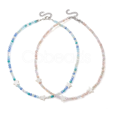 2Pcs 2 Color Glass & Natural Shell Star Beaded Necklaces Set NJEW-JN04646-02-1