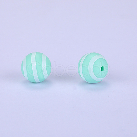 Printed Round with Stripe Pattern Silicone Focal Beads SI-JX0056A-141-1