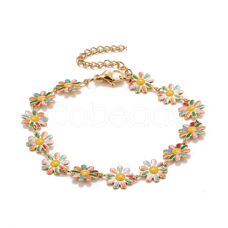 Enamel Daisy Link Chains Bracelet BJEW-P271-01G-02-1