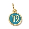 Real 18K Gold Plated Brass Enamel Charms, with Jump Ring, Long-Lasting Plated, Lead Free & Cadmium Free, Flat Round with Virgo Charms, Dark Cyan, 10x8x1mm, Hole: 4mm