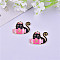 Halloween Theme Alloy Enamel Pendants, Light Gold Tone Cat Charms, Hot Pink, 30x23mm