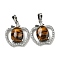 Natural Tiger Eye with Clear Cubic Zirconia Pendants, Apple Charms with Rack Plating Brass Findings, Platinum, Cadmium Free & Lead Free, 28.5x25.5x9~10mm, Hole: 7x5mm