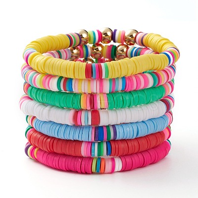 7Pcs Rainbow Polymer Clay Heishi Beads Stretch Bracelets Set BJEW-JB05889-1