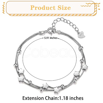 Anti-Tarnish Rhodium Plated 925 Sterling Silver Satellite Chain Multi-strand Bracelets with Star Beaded JB708A-1