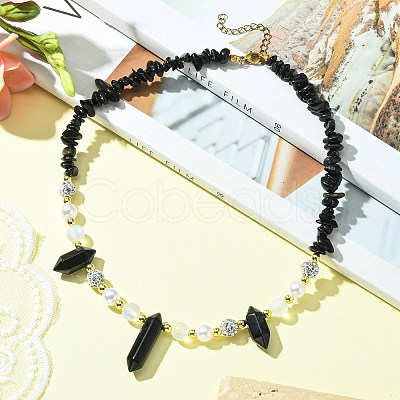 Natural Obsidian Bullet & Synthetic Moonstone Beaded Necklaces NJEW-JN04406-01-1