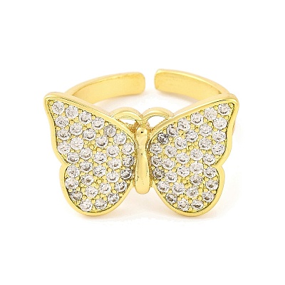 Butterfly Brass Micro Pave Clear Cubic Zirconia Open Cuff Rings for Women RJEW-U003-11G-1