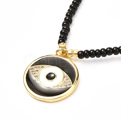 Flat Round Evil Eye Brass Micro Pave Cubic Zirconia Pendant Necklace NJEW-JN03692-01-1