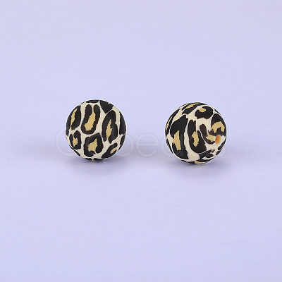 Printed Round with Leopard Print Pattern Silicone Focal Beads SI-JX0056A-02-1