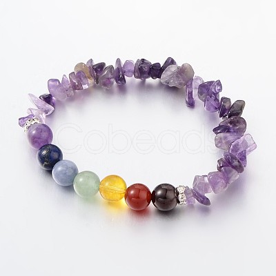 Chips and Round Chakra Natural Gemstone Beaded Stretch Bracelets BJEW-JB01990-1