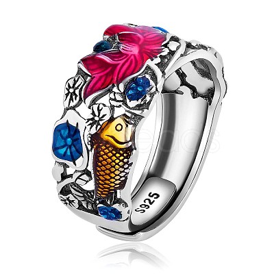 Anti-Tarnish Rhodium Plated 925 Sterling Silver Koi Fish with Lotus Adjustable Ring with Enamel for Women JR930A-1