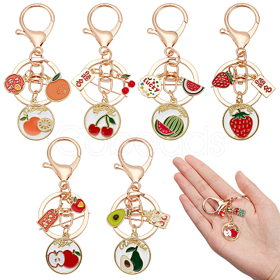 DELORIGIN 6Pcs 6 Style Fruit Alloy Enamel Pendant Keychain with Lucky Charm KEYC-DR0001-08-1